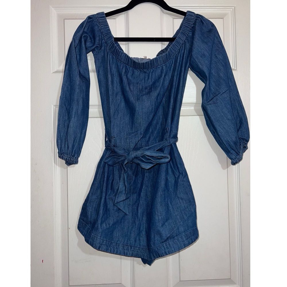 Free People Blue Denim Tie at Waist Romper Size XS EUC - Picture 2 of 7